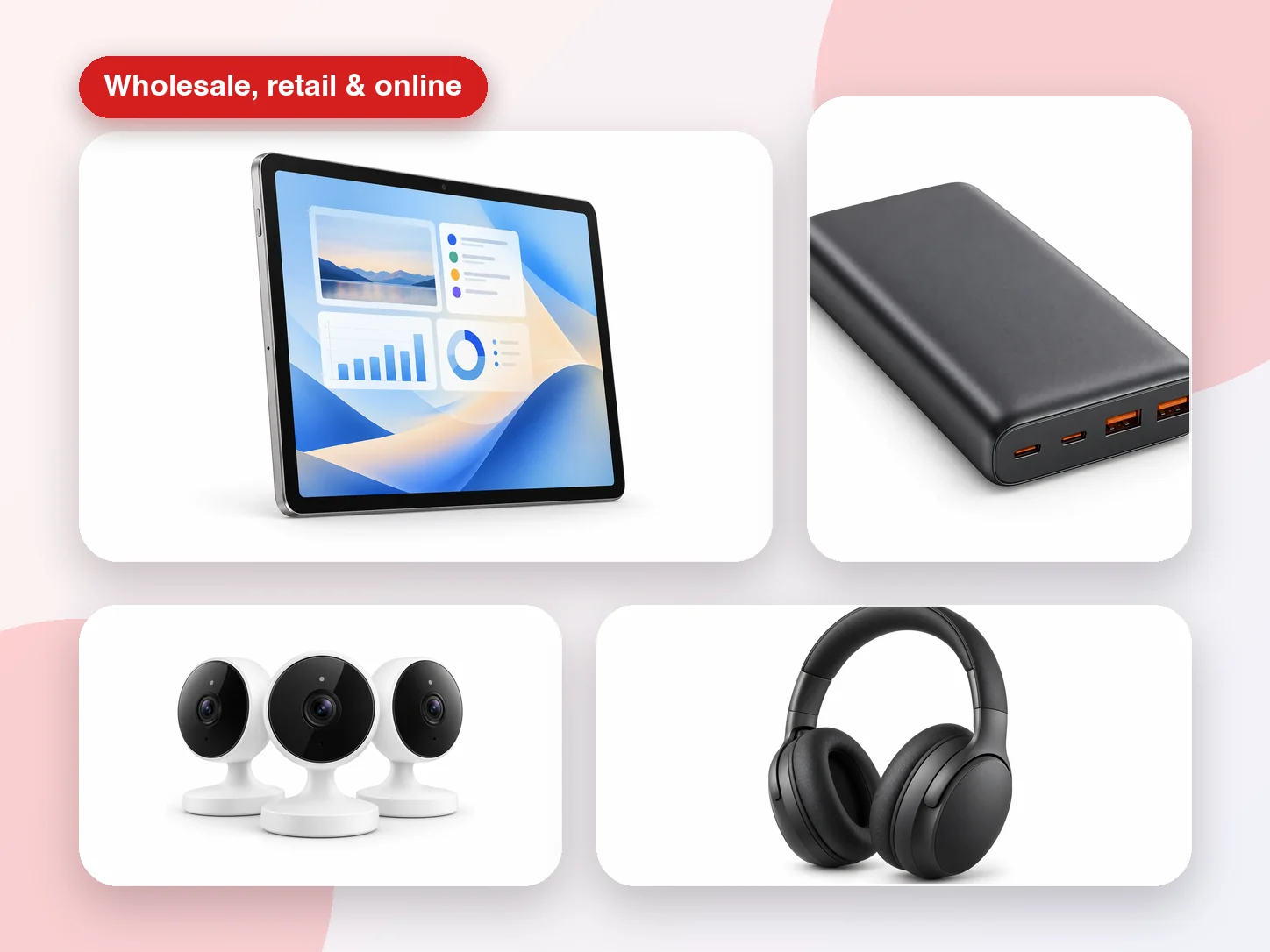 A tablet, a power bank, smart home cameras and over-ear headphones from the MOBIBOSS range