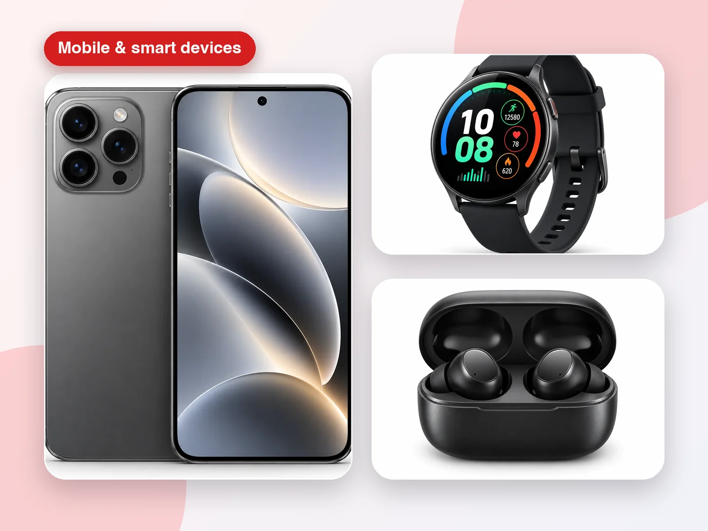A smartphone, a smartwatch and a pair of true wireless earbuds from the MOBIBOSS range